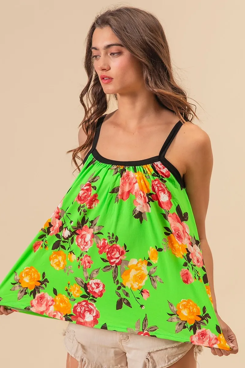 Floral Print Jersey Knit Gathering Cami Top