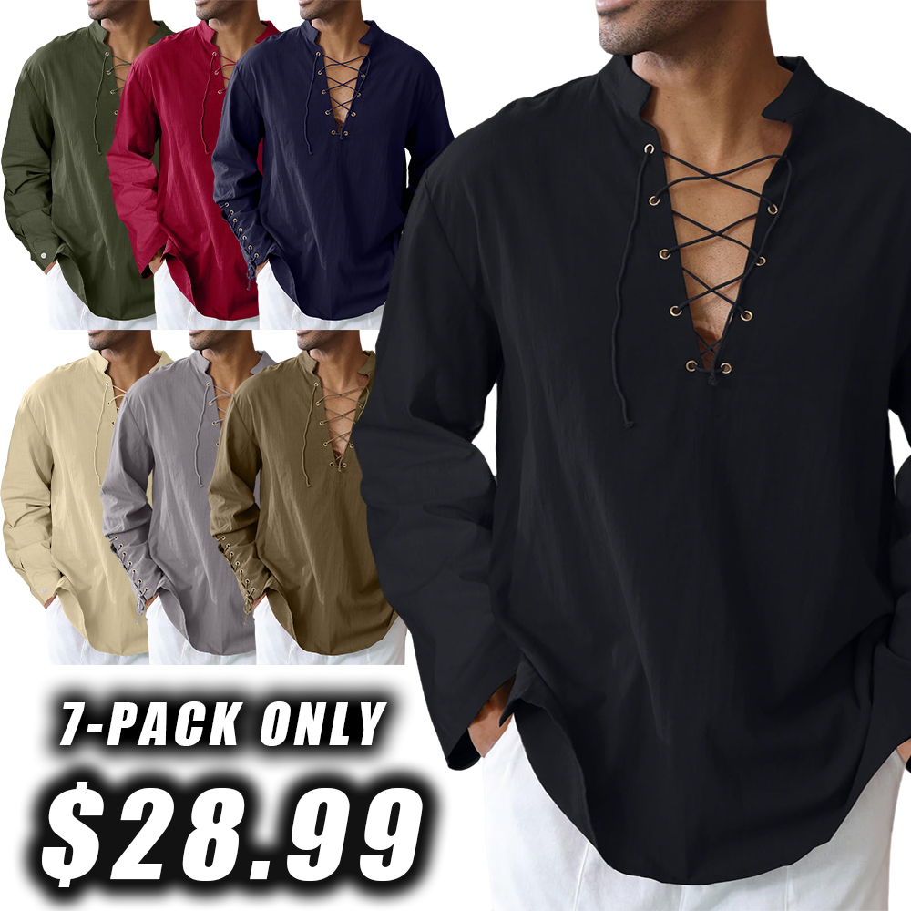 Men's cotton and linen shirt with drawstring sleeves