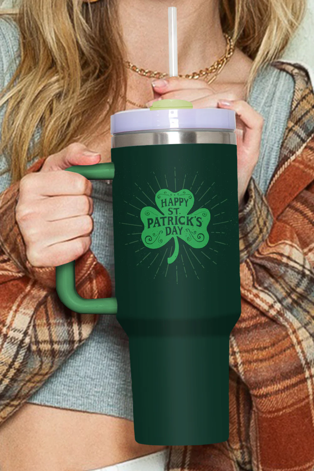 Dark Green HAPPY ST PATRICKS DAY Clover Printed Tumbler 40oz