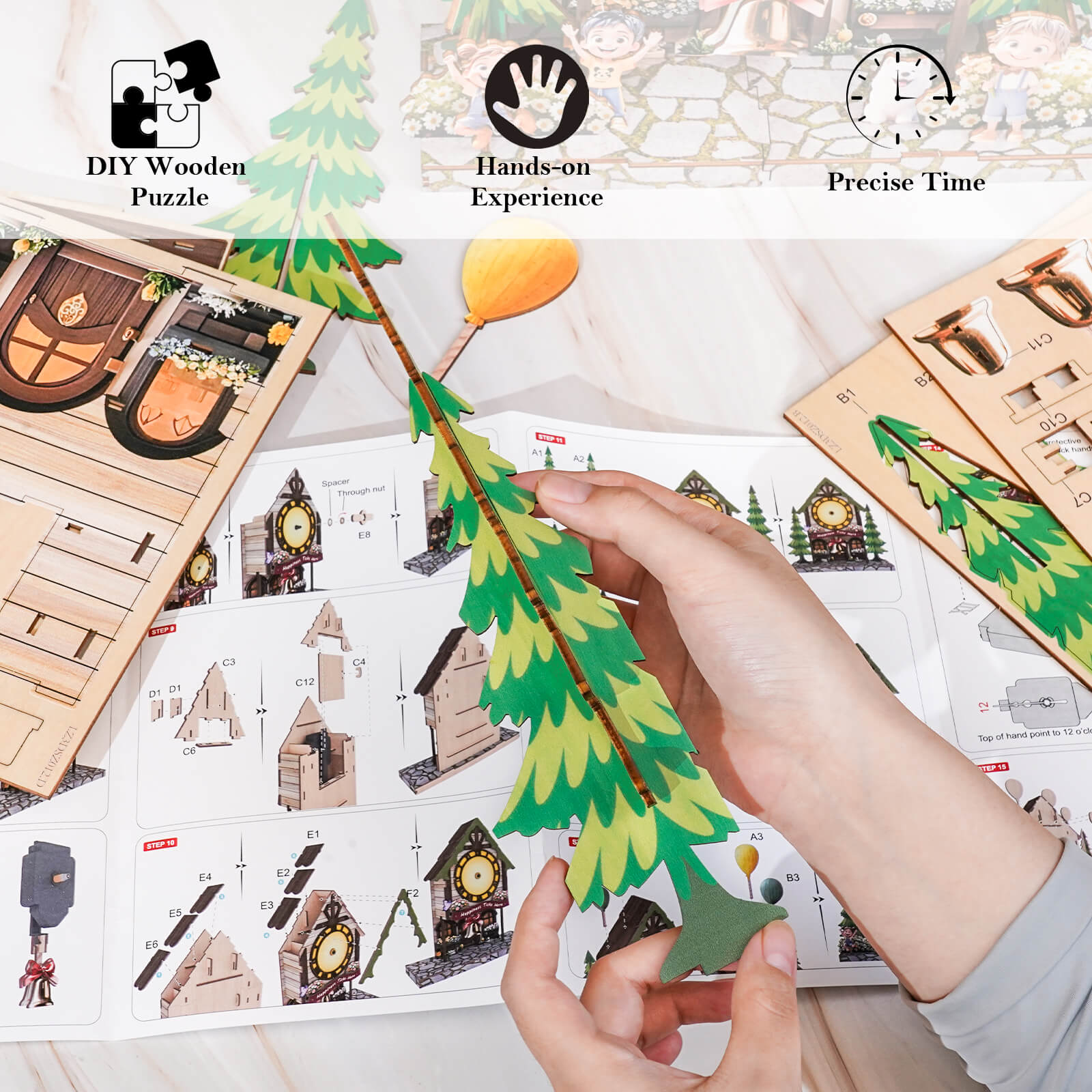 Balloon Cabin â€“ DIY Wooden Clock, 3D Puzzle Craft Kit