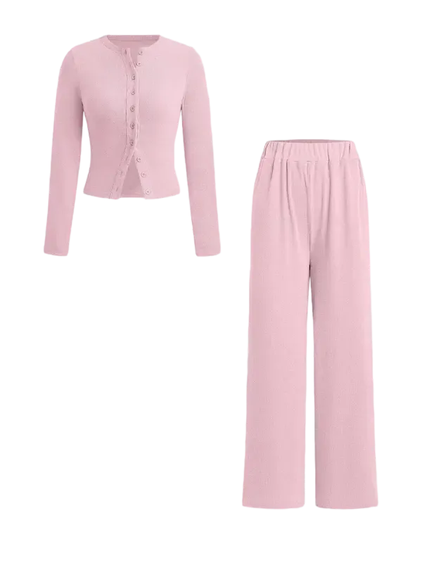 Two-piece Set Women's Solid Button Front Ribbed Crop Top & Elastic Waist Pants