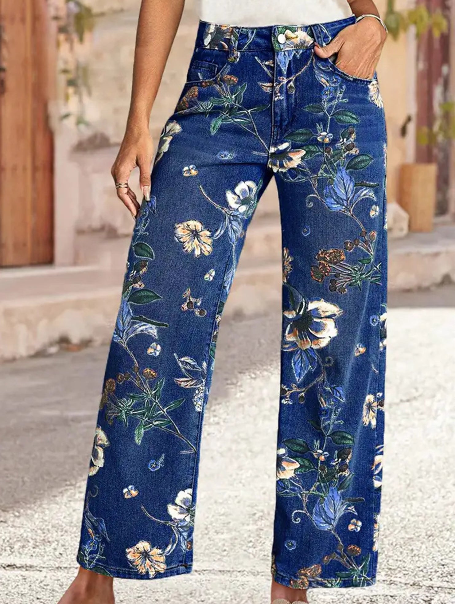 Floral pattern straight leg high-waisted jean_CWJP00876