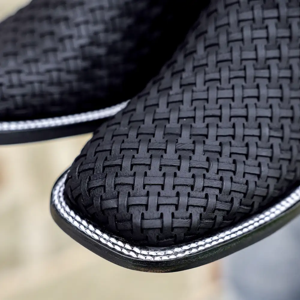 Black Basketweave Leather Boots - Square Toe