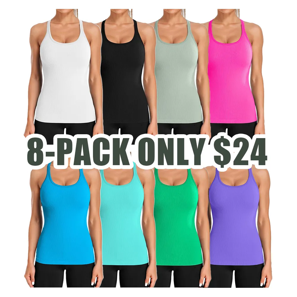 Women’s Ribbed Seamless Workout Tank Top with Built-In Bra