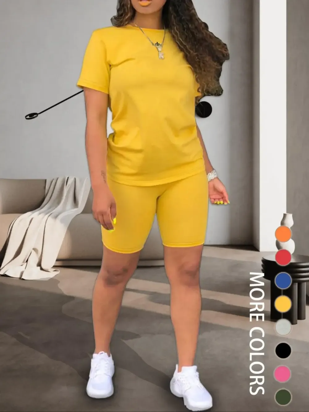 Two-piece Set Women's Fitted Plain Round Neck Tee & Skinny Shorts Set, Summer Clothes Women