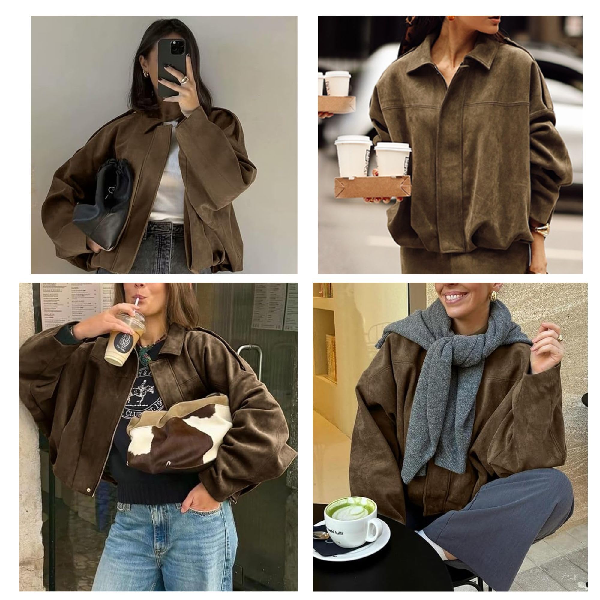 Xunger Women's Faux Suede Bomber Jacket Spring Lapel Pilot Coat Casual Oversized Long Sleeves Trendy Streetwear Outerwear