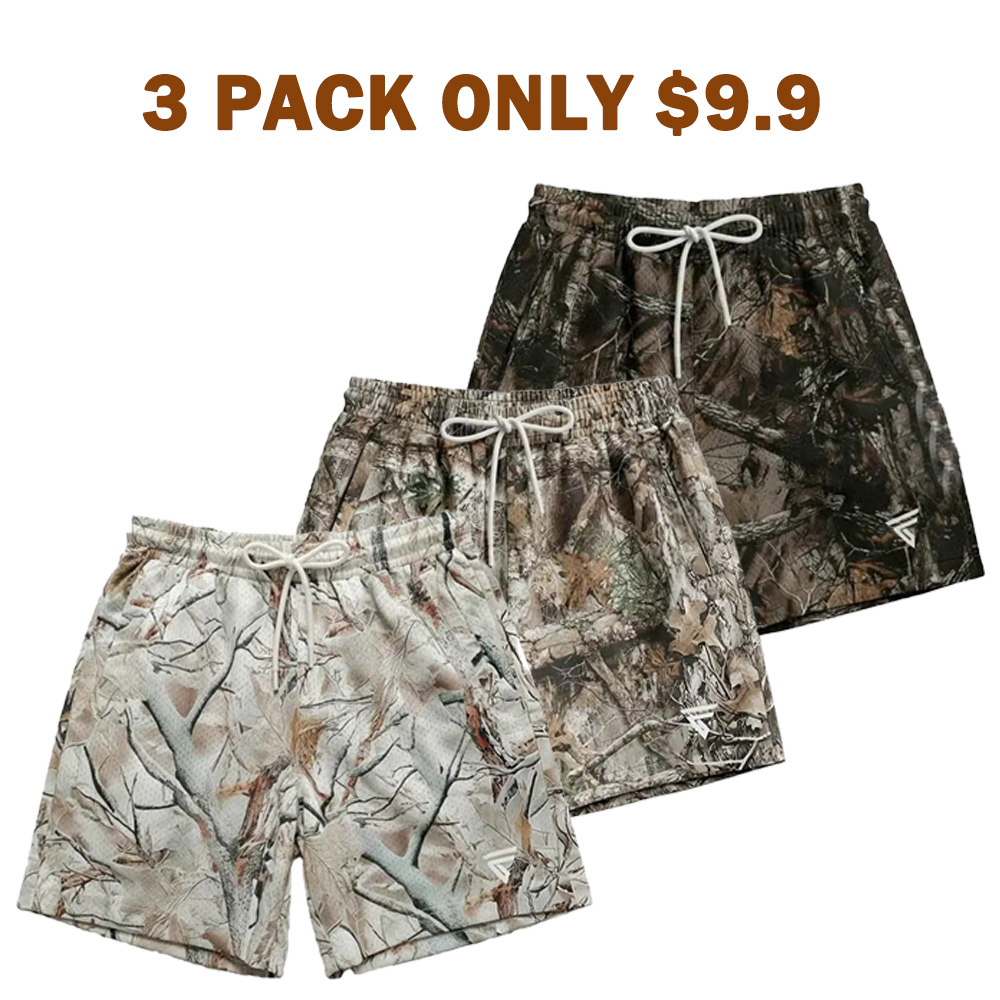 Men’s Hunting Camo Double-Layer Shorts – Breathable Gym/Running Shorts with Zip Side Pockets & Back Pocket