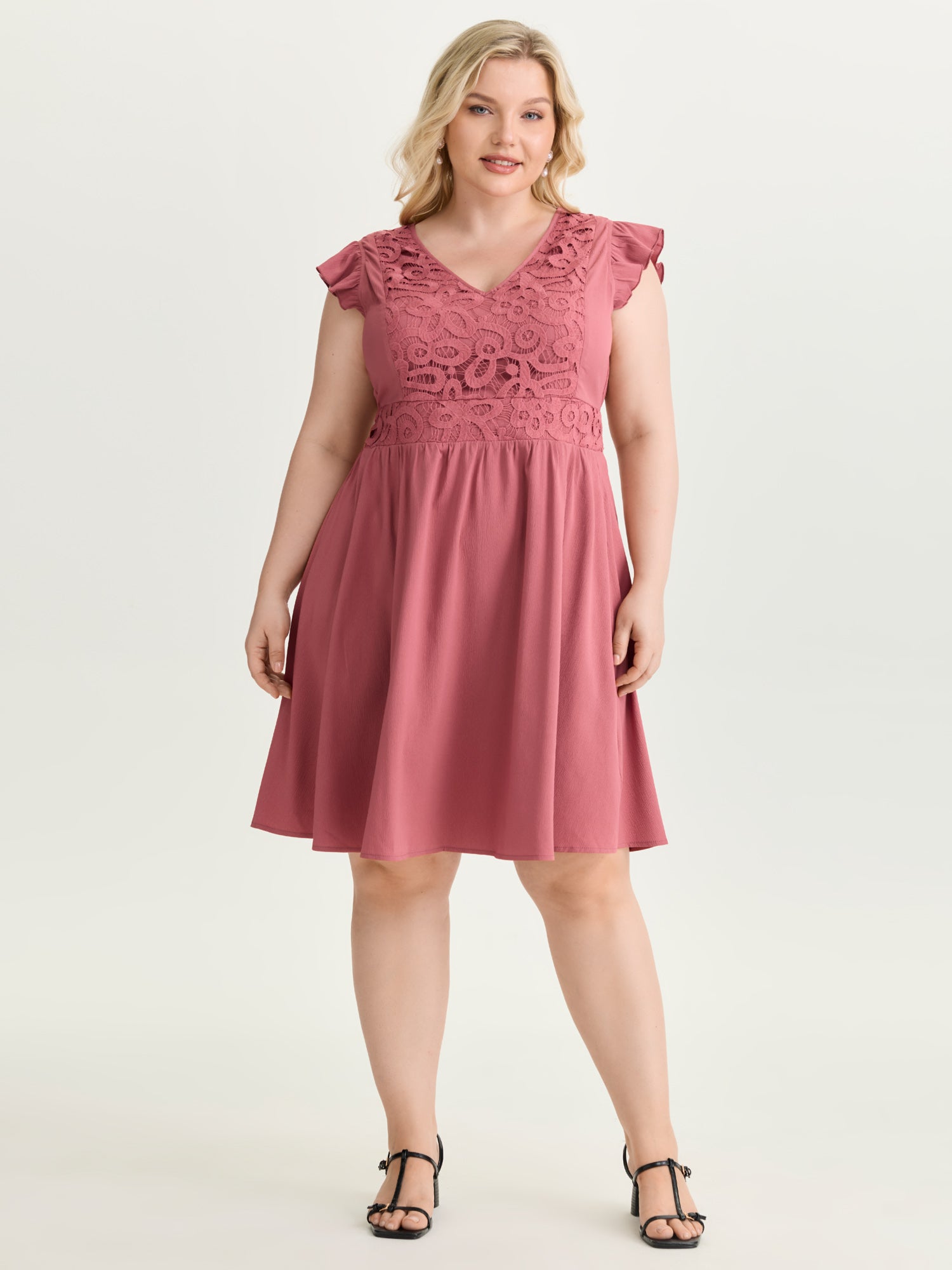 Lace Textured Bodice Flutter Sleeve Mini Dress