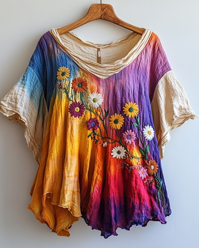 Summer Rainbow Gradient Daisy Embroidered T-shirt  b271