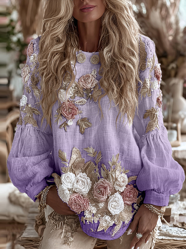 Women's Vintage Romantic White Rose Embroidery Art Comfy Linen Long Sleeve Shirt