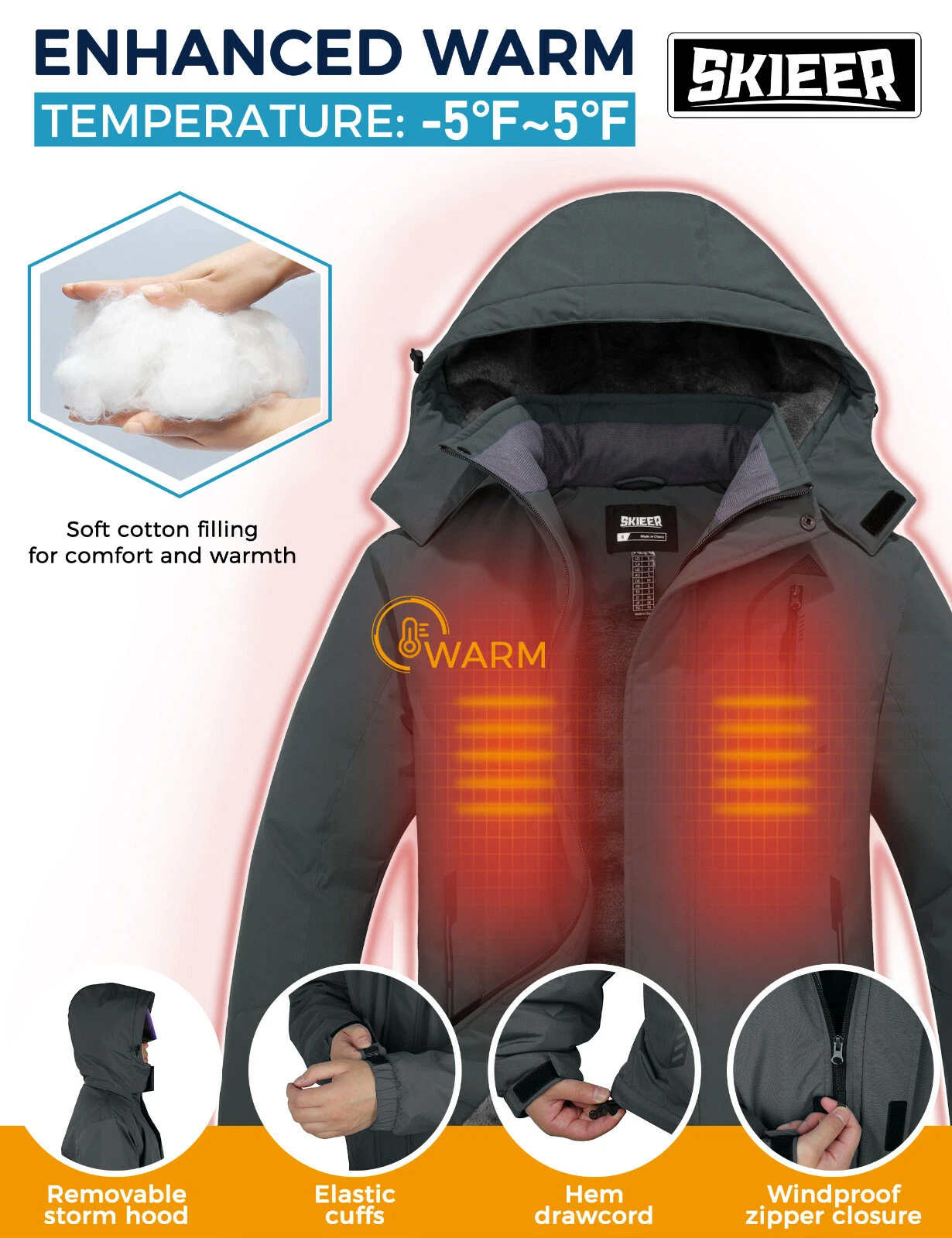 Skieer Men's Mountain Waterproof Ski Jacket Winter Rain Jacket Warm Snow Coat