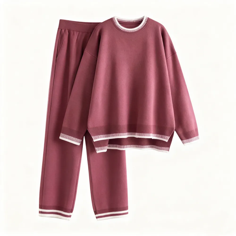 Chic Crew Neck Sweater & High Waist Loose Pants Casual Outfit
