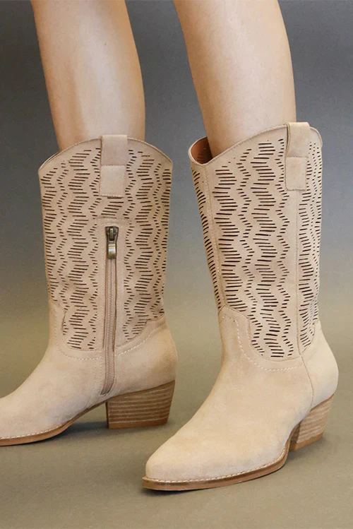 Faux Suede Laser Cut Detail Block Heel Boots in Tan