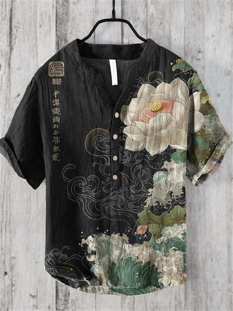 Men's Japanese Art Lotus Print Linen Blend Shirt