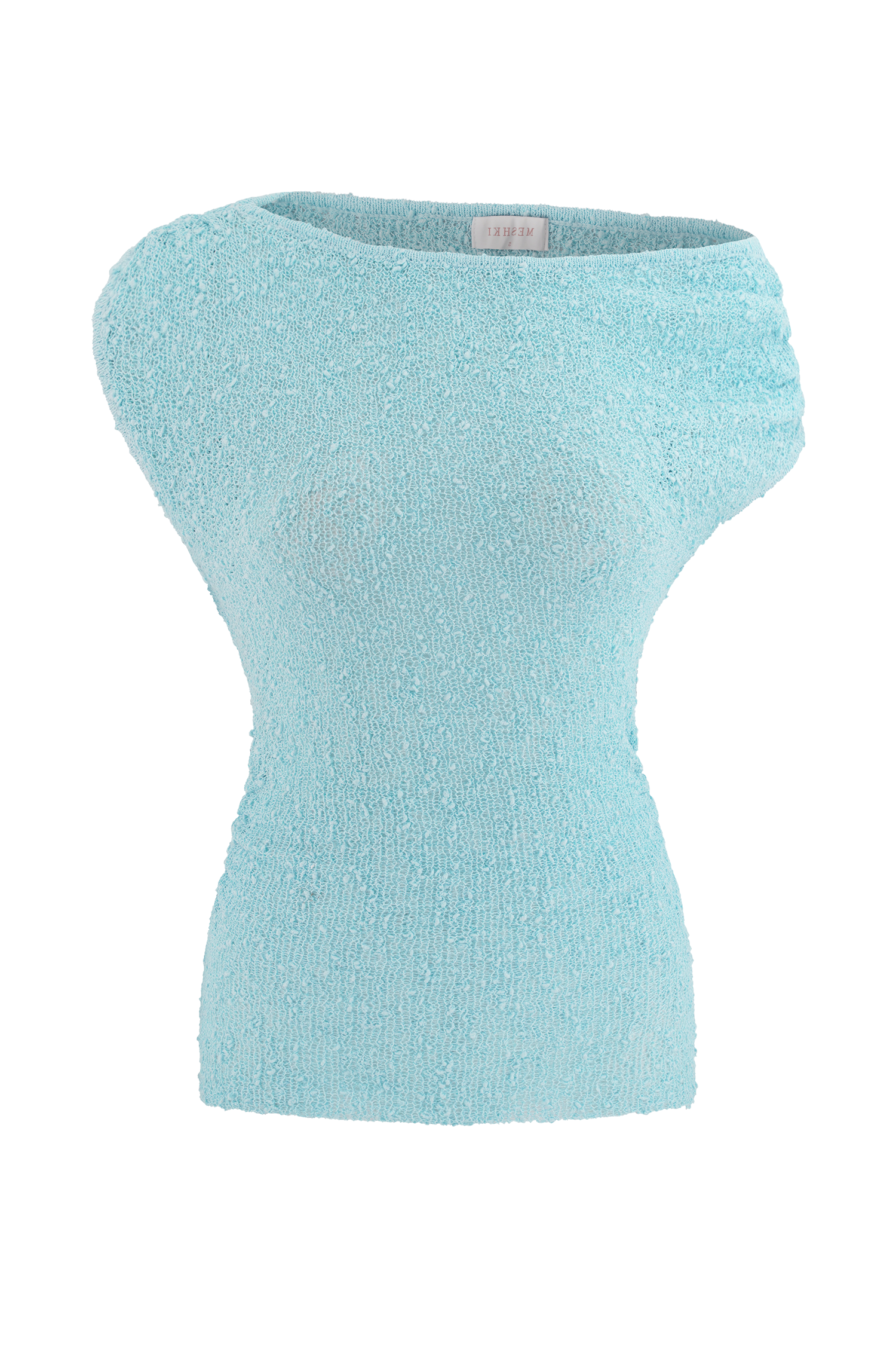 Blue Off Shoulder Boucle Knit Top