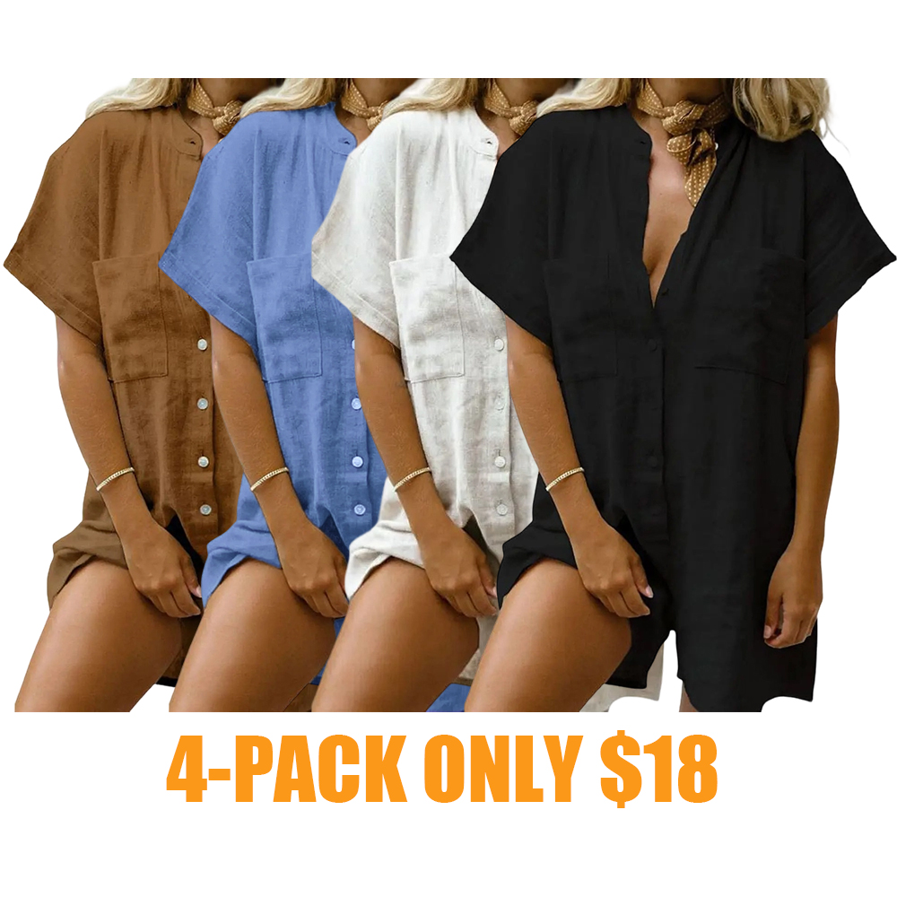 Women Summer Shorts Romper Button Down Wide Leg Cotton Linen Shortalls Jumpsuit
