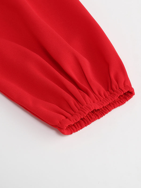 Long Sleeve Slim Pleated Belt V-Neck Dress A-Line Skirt