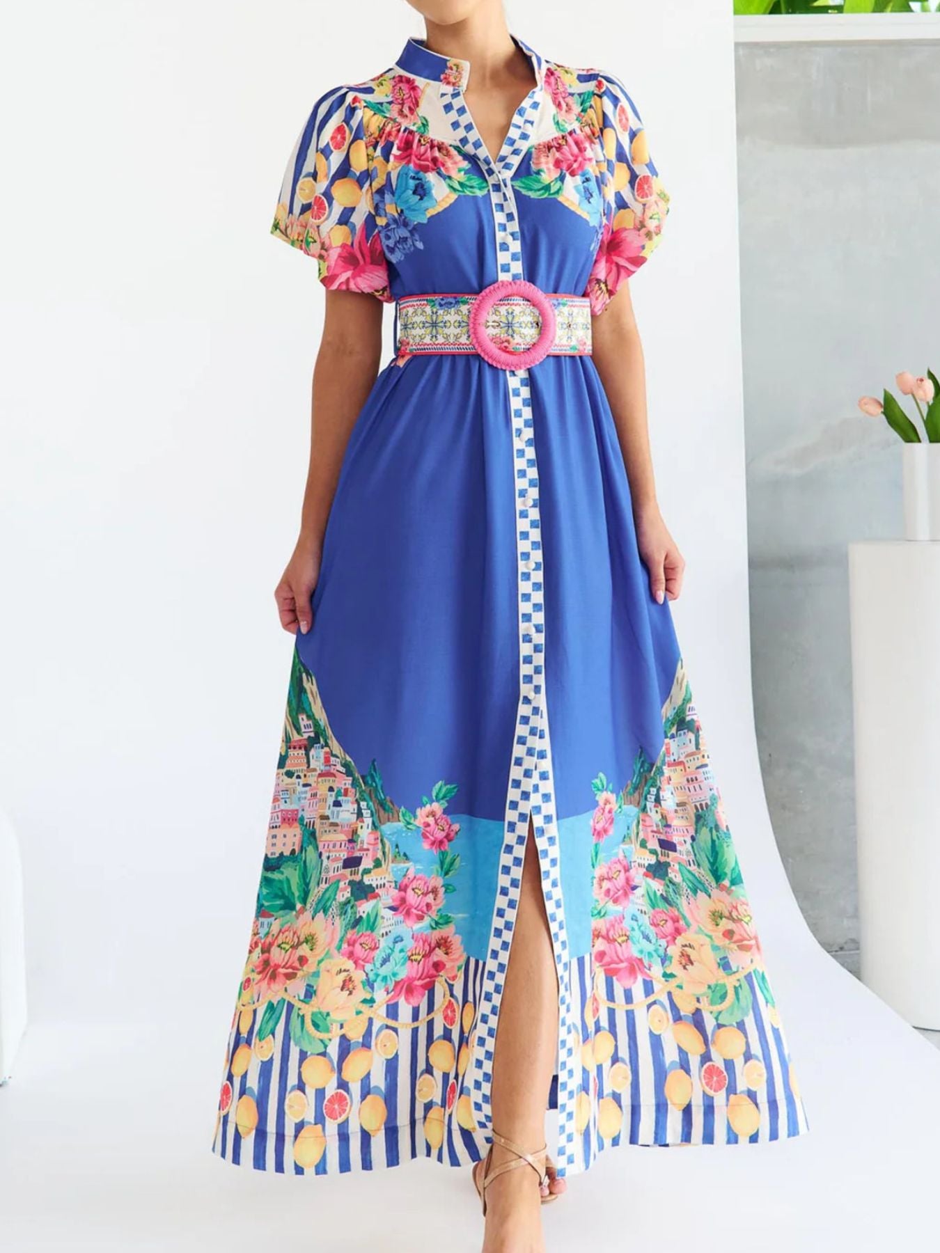Printed Button Front Puff Sleeve Maxi Dress