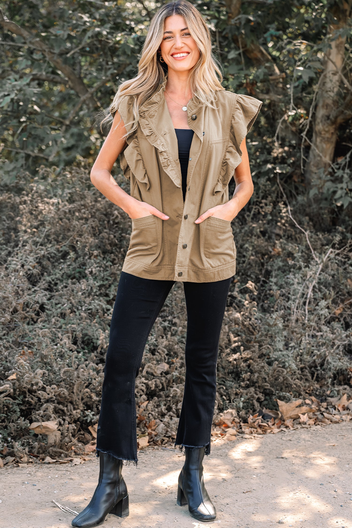 Pale Khaki Ruffled Patchwork Denim Jacket Vest