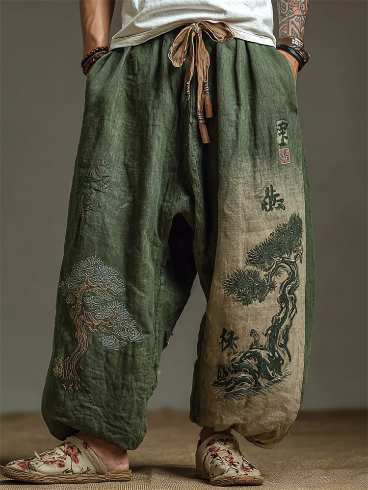 Men's Japanese Pine Trees Embroidered Bleached Wide Leg Linen Pants