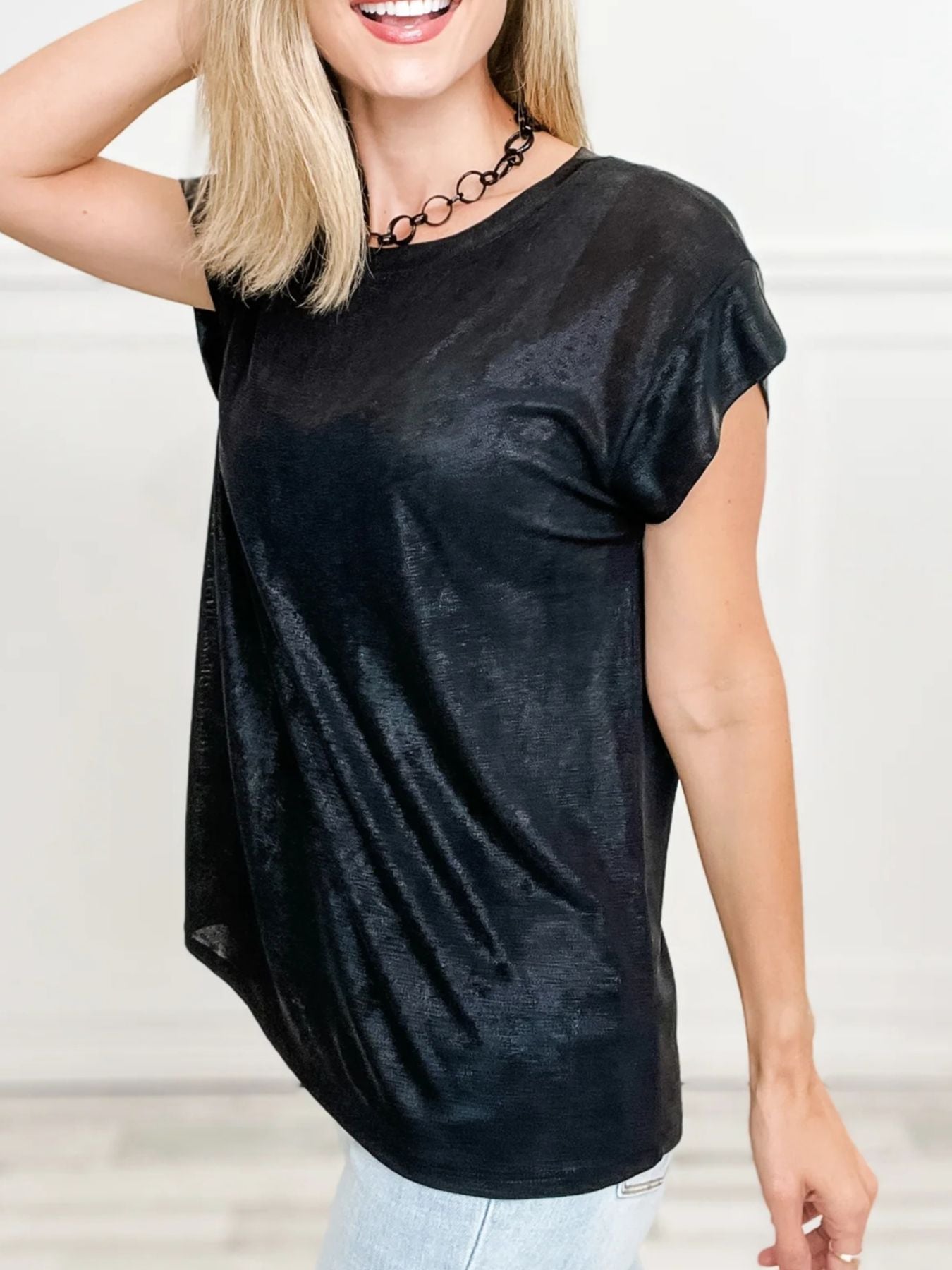 Metallic Round Neck Cap Sleeve Tee