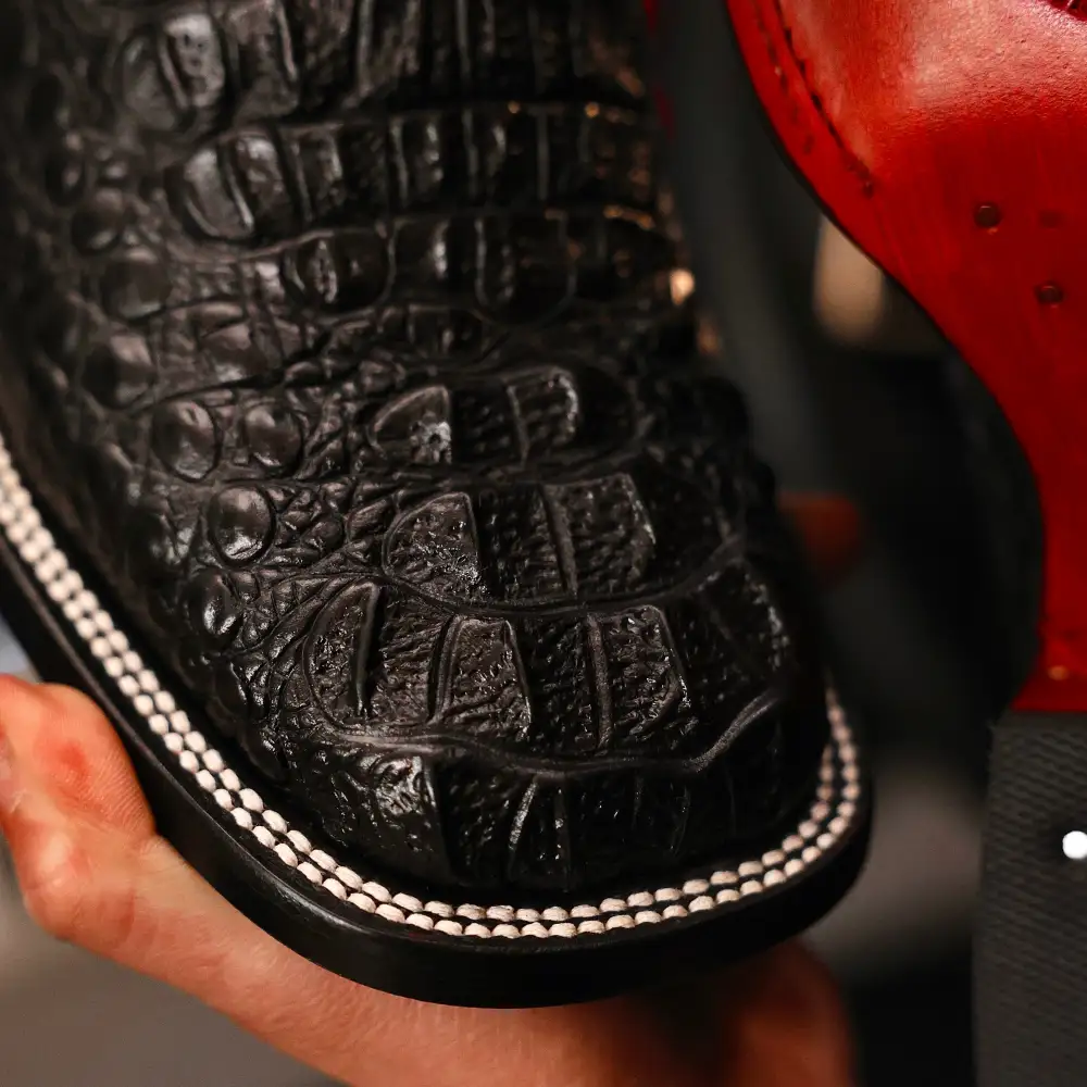 Black Caiman Neck Leather Boots - Square Toe