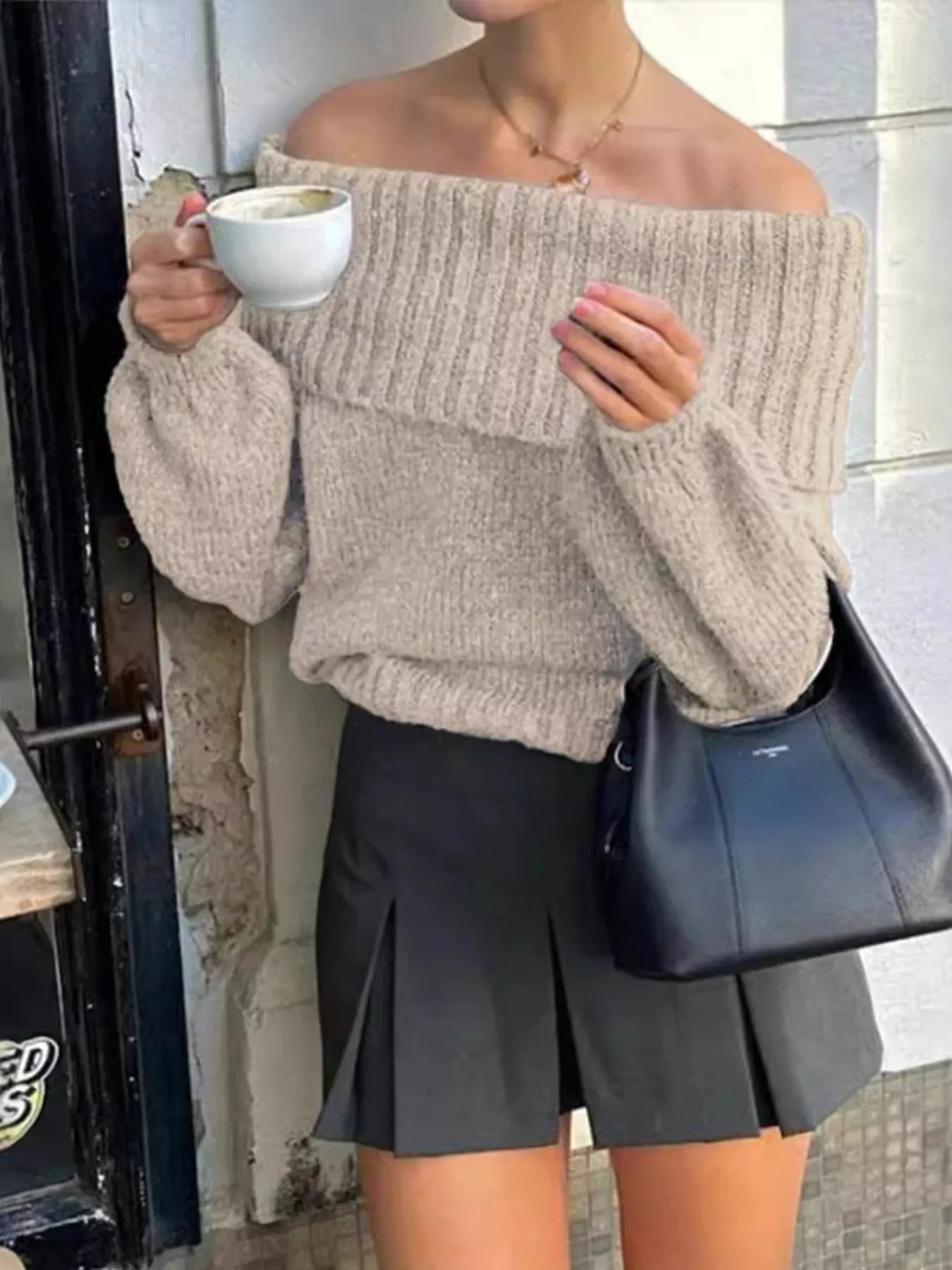Off-Shoulder Ribbed Long Sleeve Sweater