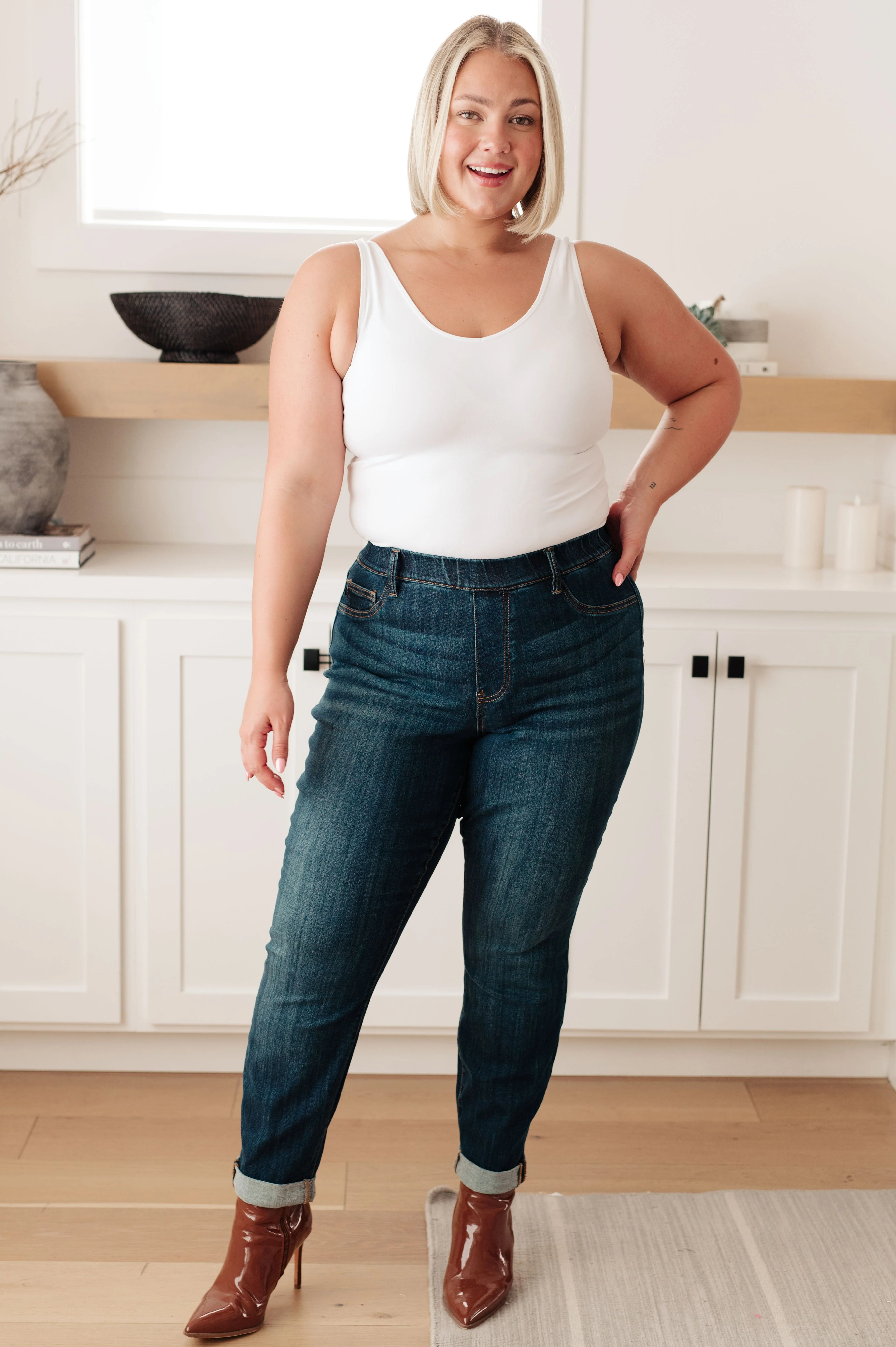 Blue Rowena High Rise Pull On Double Cuff Slim Jeans