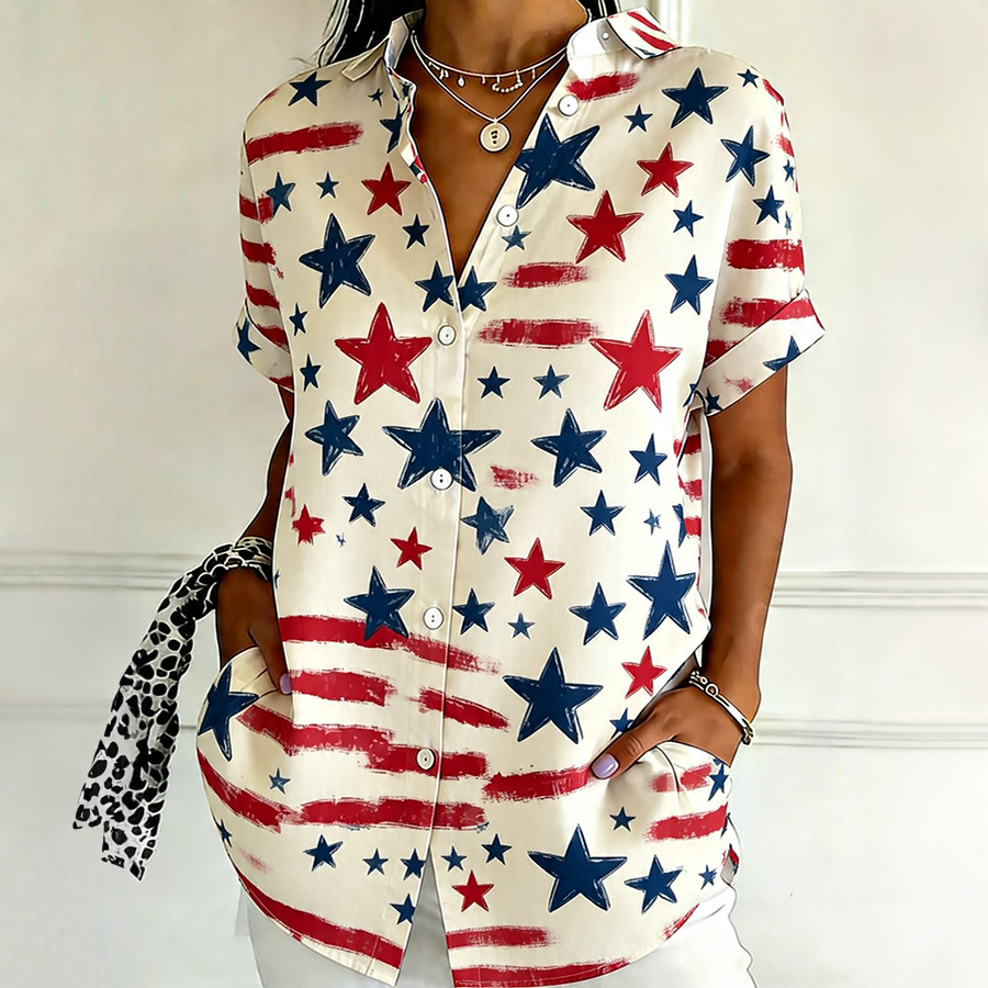 Women's Casual American Retro Pentagram Printed Shirt