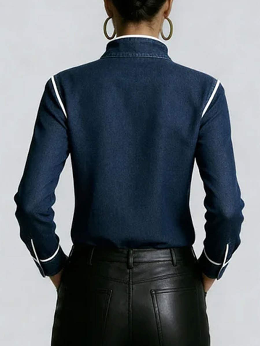 Women's Stand Collar Long Sleeve Casual Loose Denim Shirt