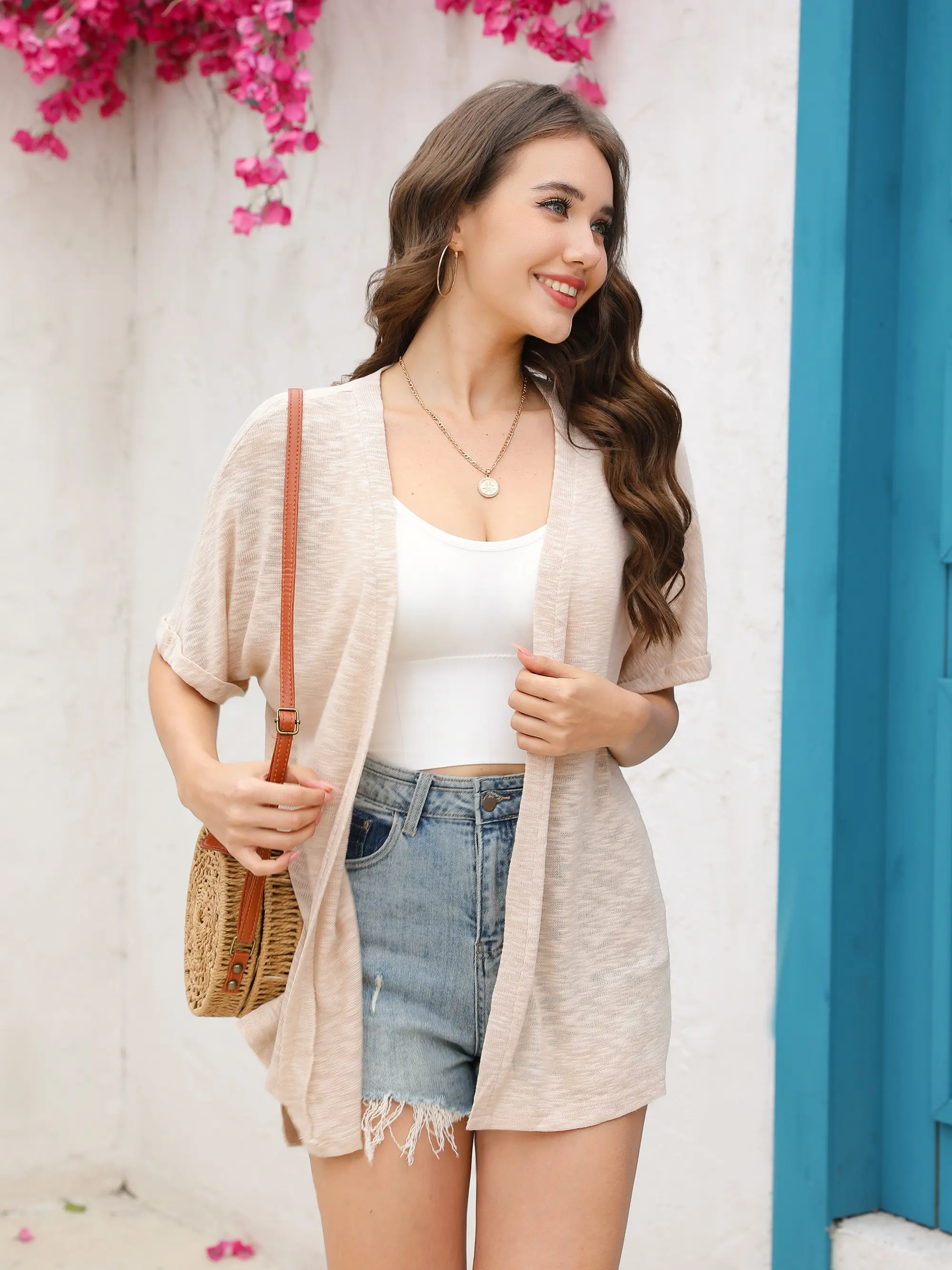 Womens Lightweight Cardigan 2026 Summer Short Sleeve Open Front Beach Coverup Vacation Outdoorfun Knitwear Comfort Casual Loose Minimalist Basic Knitting Batwing Shortsleeve Tops Womenswear