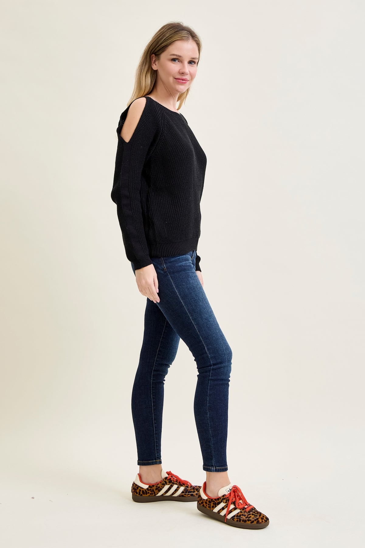 Chevron Stitch Cold Shoulder Black Sweater