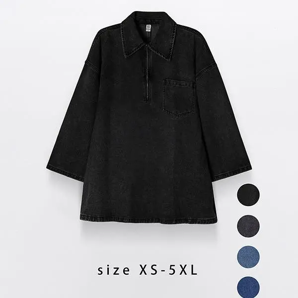 Women's Denim Dress Half-Zip Collared Vintage Washed Blue Loose Fit Long Sleeve