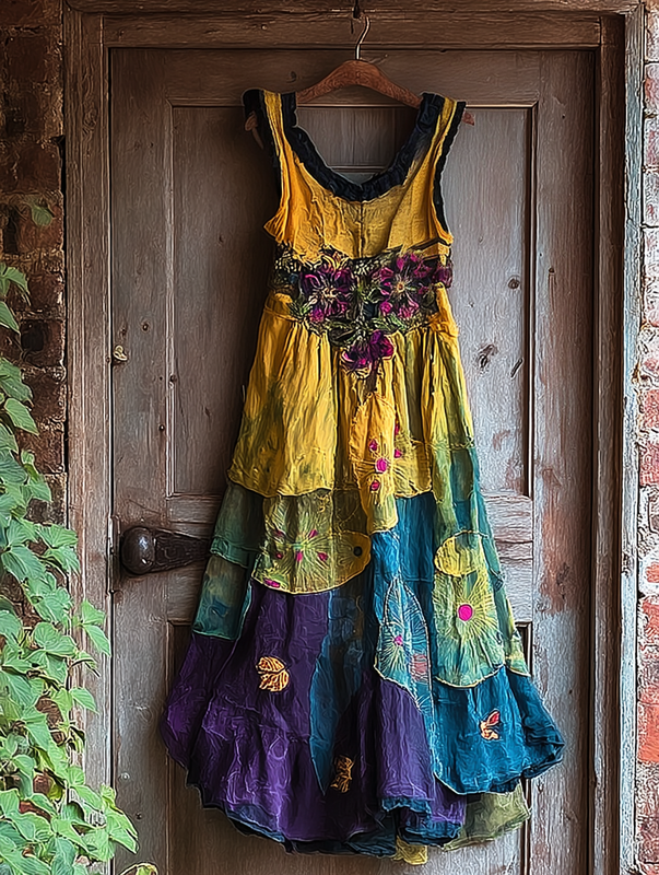 Summer Contrast Linen Dress f019