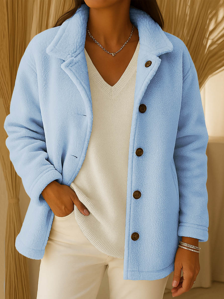 Women's Solid Color Lapel Long Sleeve Polar Fleece Cardigan Jacket