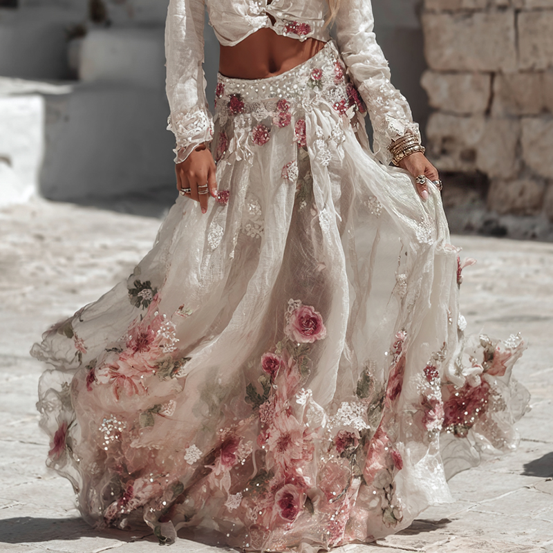 Vintage Pink Flower Art Pattern Flowy Linen Skirt