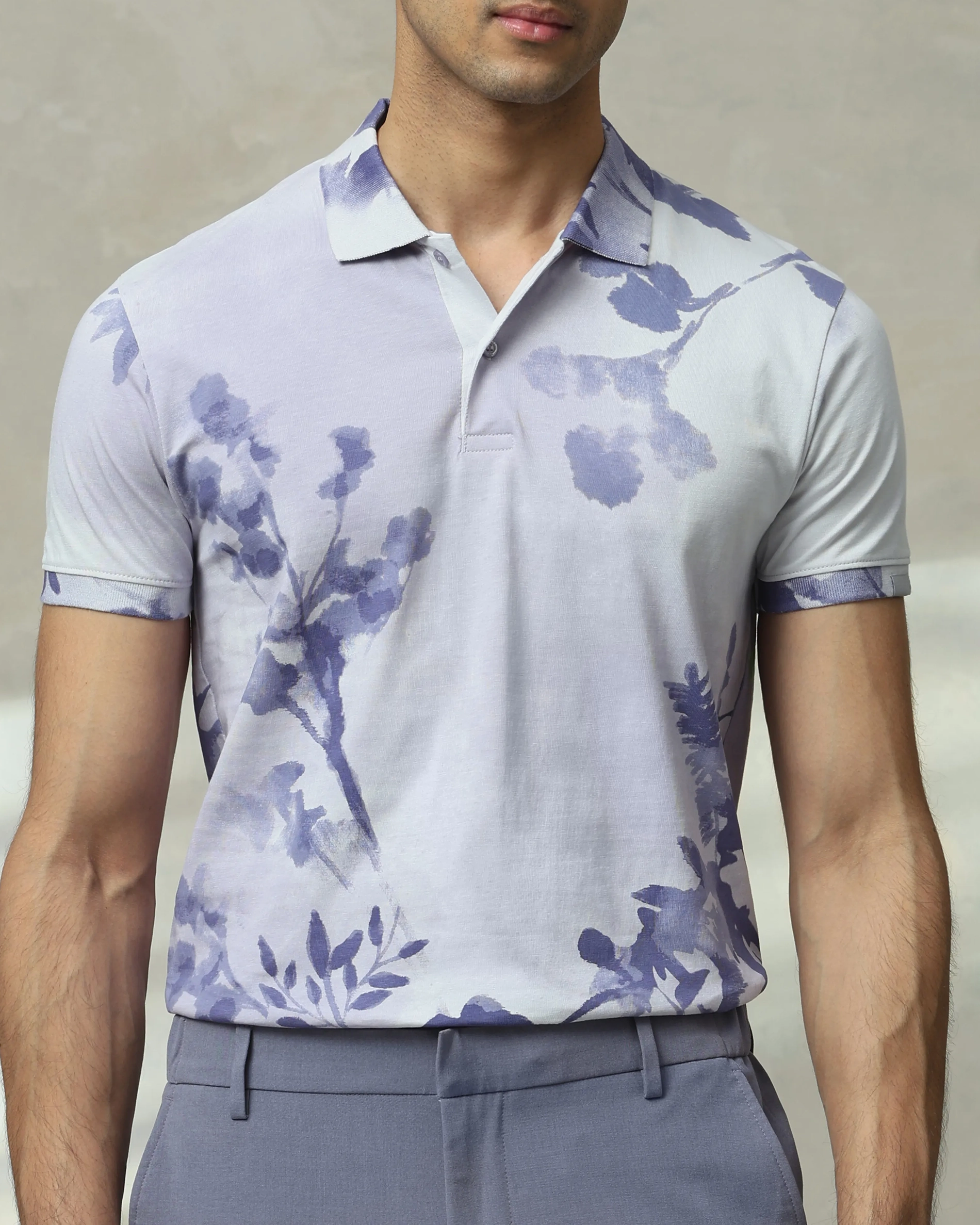 Daily Simple Soft  Lilac Floral Print Polo Shirt