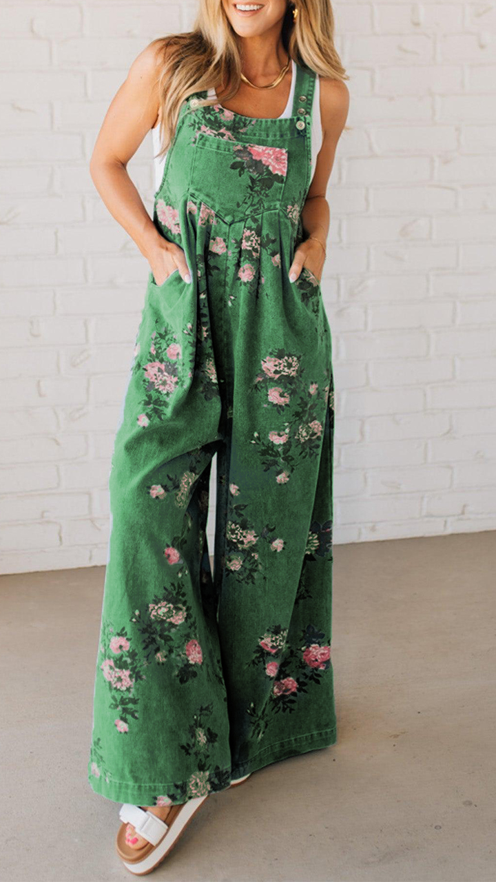 Women's Printed Pocket Casual Denim Overalls