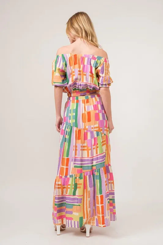 Asymmetric Geo Printed Tiered Maxi Skirt