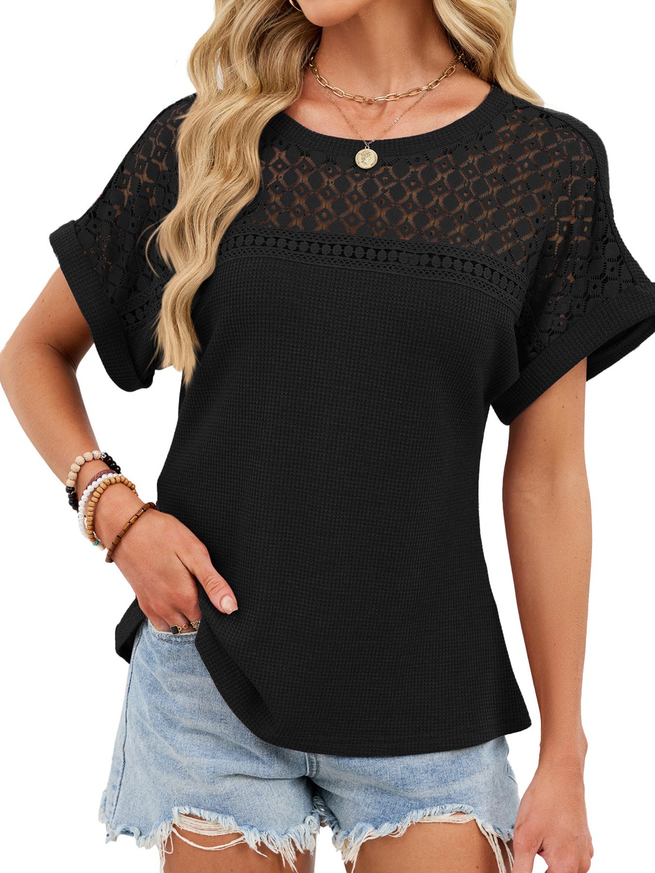 Lace-Trimmed Round Neck T-Shirt