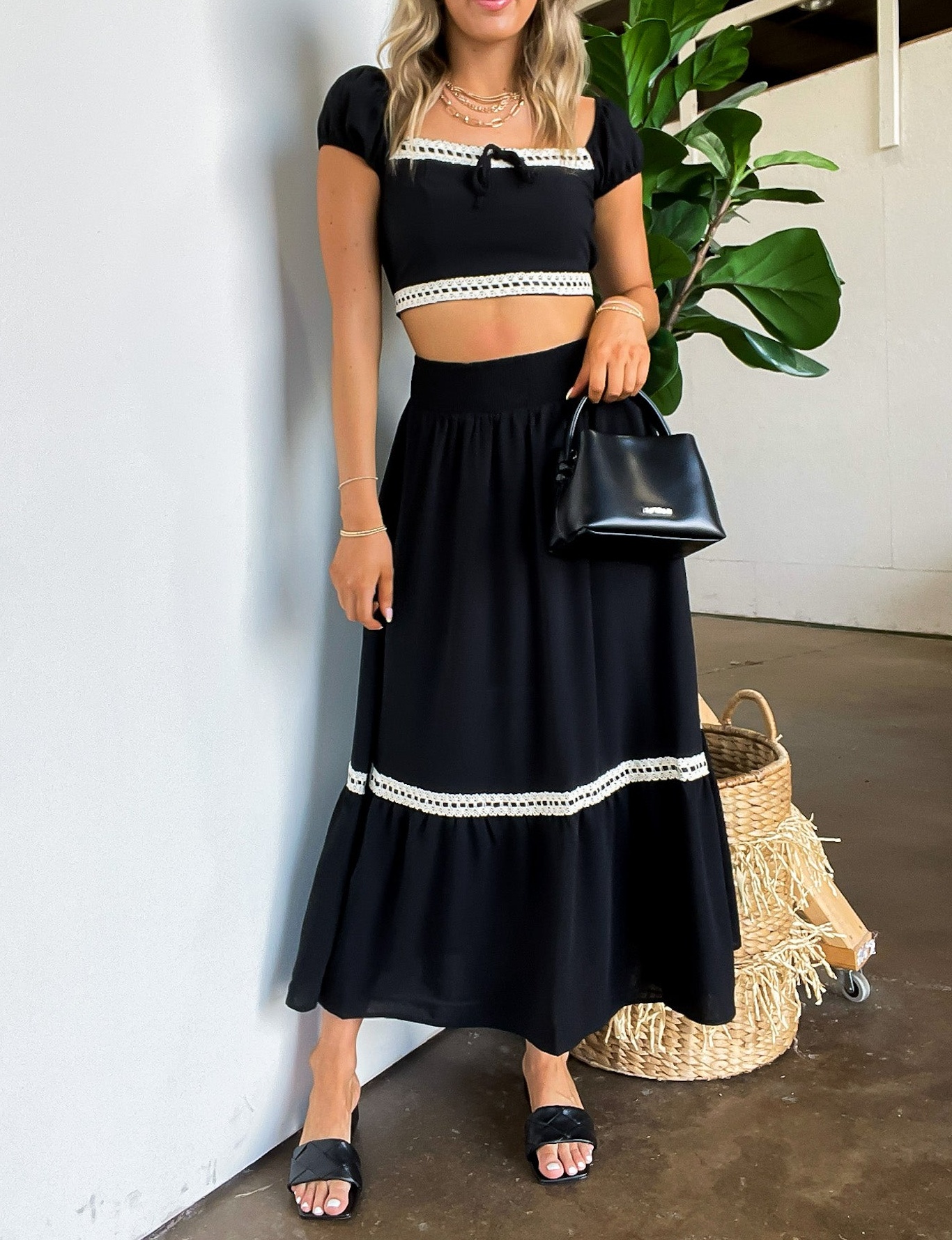Midnight Lace Contrast Trim Smocked Waist Midi Skirt and Top Set