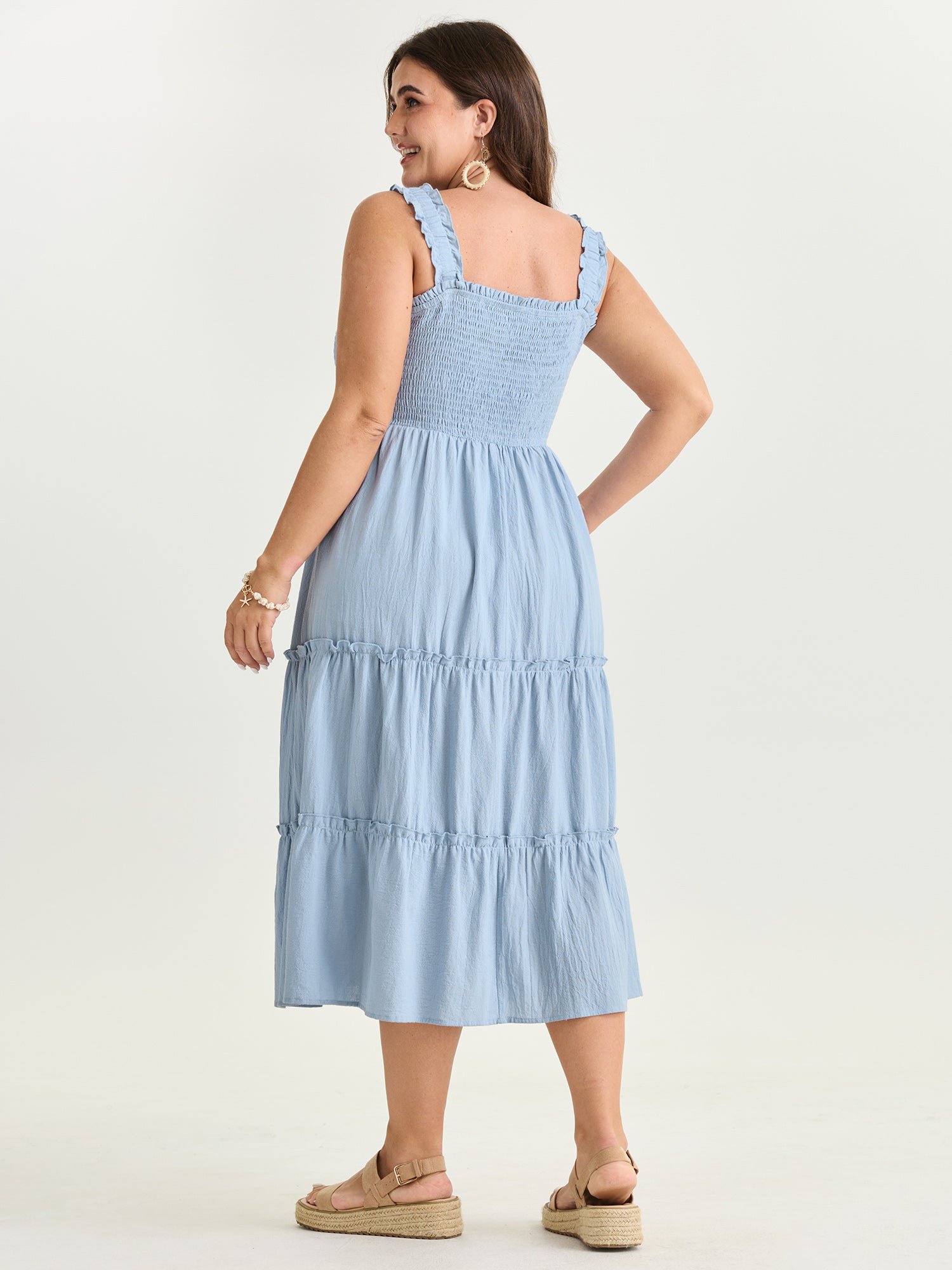 Cotton Shirred Bodice Ruffled Straps Plain Maxi Dress