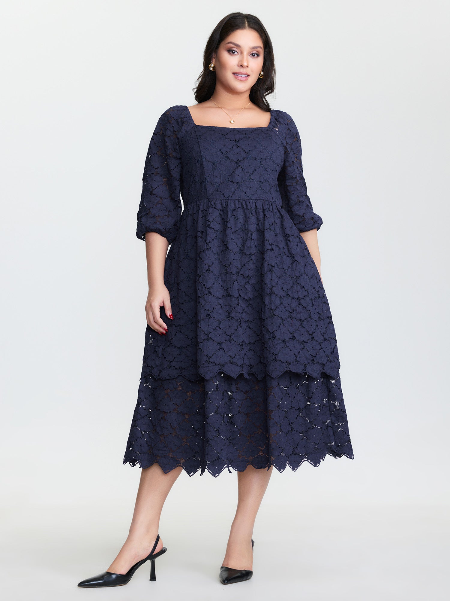 Lace Trim Stretchy Waist Tiered Midi Dress