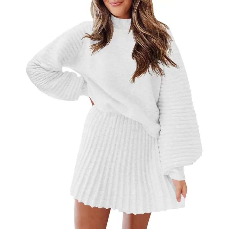 Women's long-sleeved sweater and mini skirt two-piece set