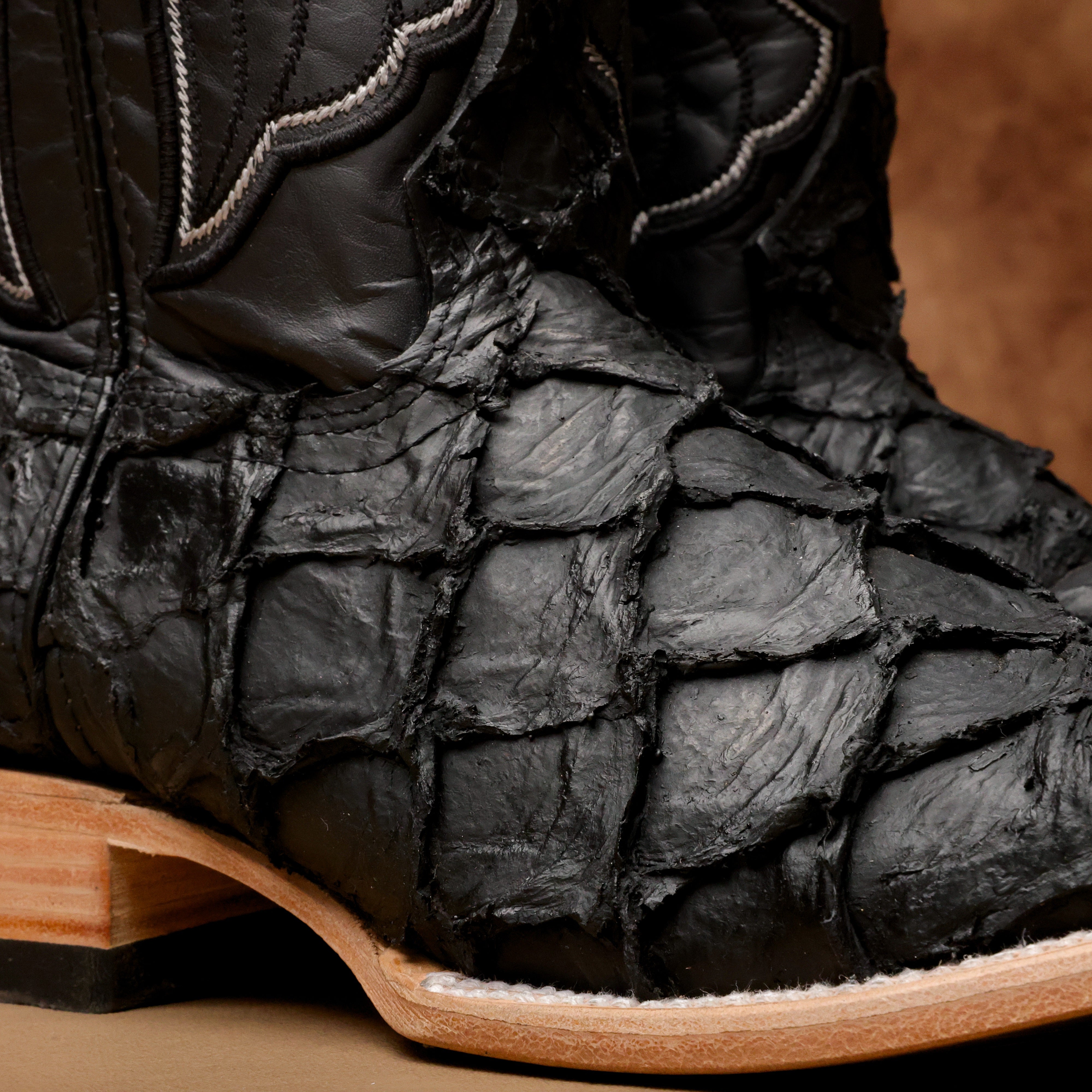 Matte Black Jumbo Pirarucu Leather Boots - Square Toe