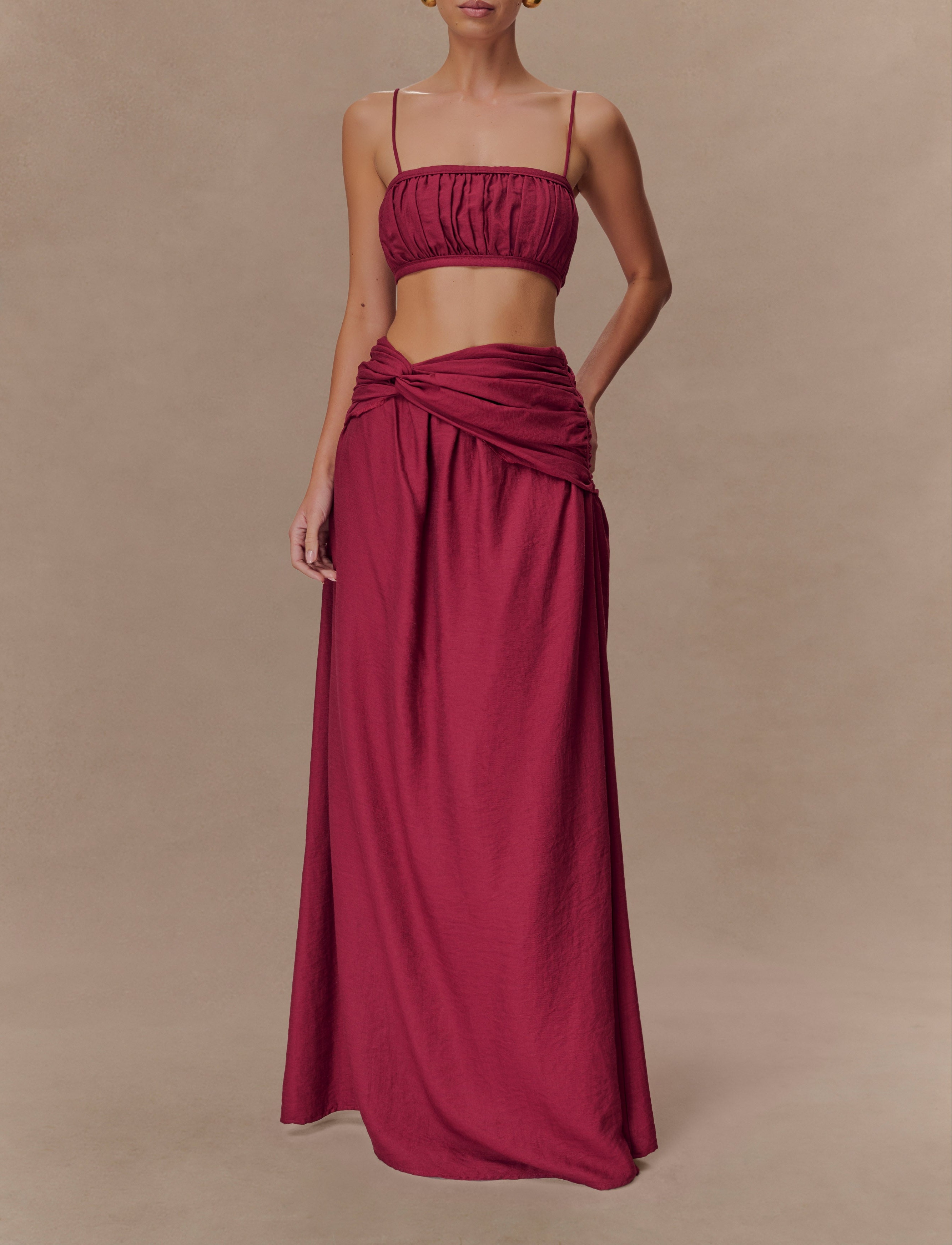 Wine Shirred Linen Bandeau