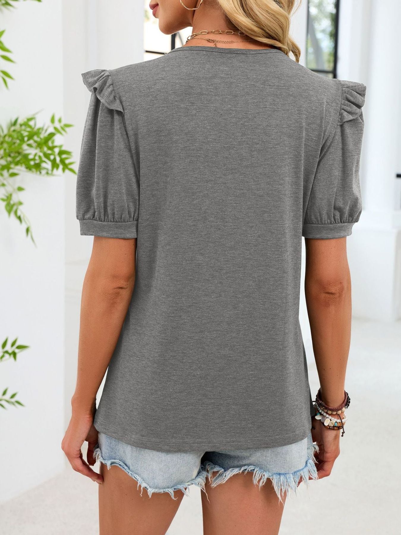 Ruffled Solid Color Short Sleeve T-Shirt