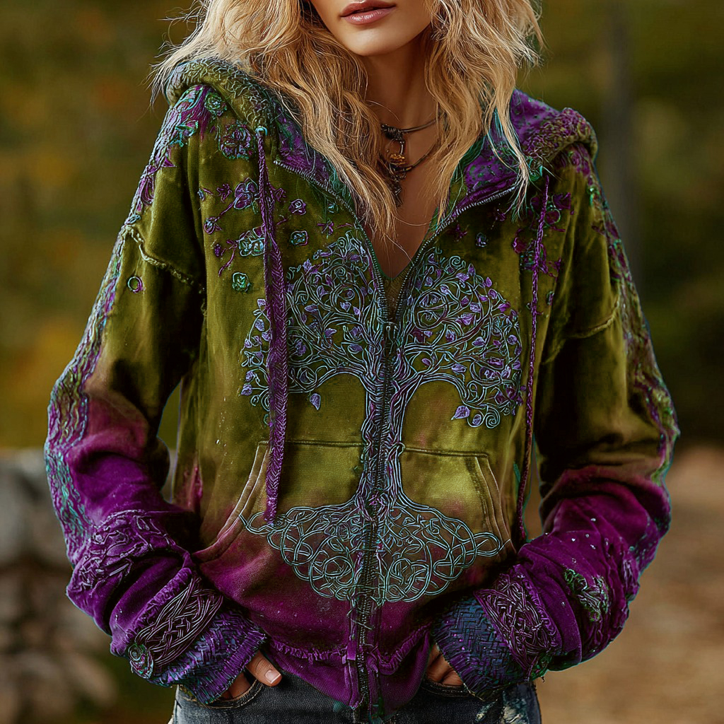Women's Vintage Viking Tree Of Life Cozy Warm Zip Hoodie Cardigan