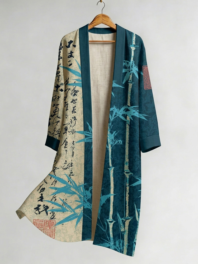Men's Retro Bamboo And Calligraphy Print Linen Long Kimono