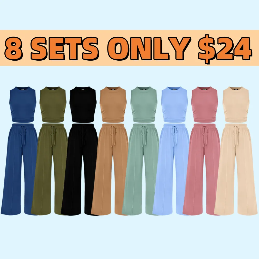 Women's 2-Piece Ribbed Knit Sleeveless Cropped Top & Wide Leg Pants